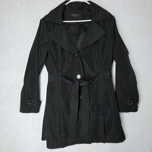Jason Kole Womens Black Trench Coat Size XL Belted Hooded Rain Jacket EUC